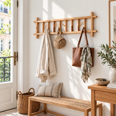 PatĂšre en bois Florence dans une entrĂ©e, avec un manteau, des sacs et un foulard suspendus au-dessus dâun banc.