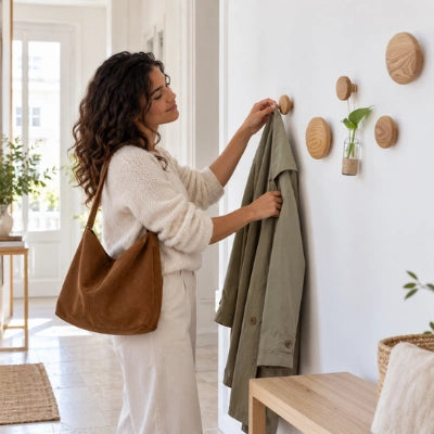 Une femme accroche son manteau vert Ă une patĂšre en bois Karima fixĂ©e au mur dâune entrĂ©e.