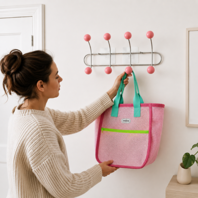 Femme suspendant un sac cabas coloré à une patÚre murale Juniper avec des crochets à boules roses.