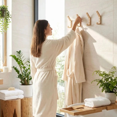 Femme suspendant un peignoir Ă des patĂšres murales Roxanne en bois dans une salle de bain lumineuse.