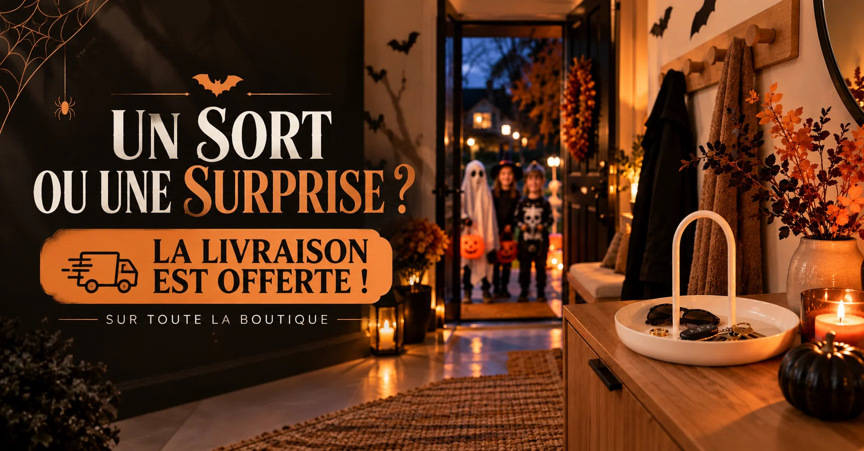 Entrée décorée pour Halloween, avec des enfants déguisés à la porte. Un sort ou une surprise ? La livraison est offerte sur toute la boutique !