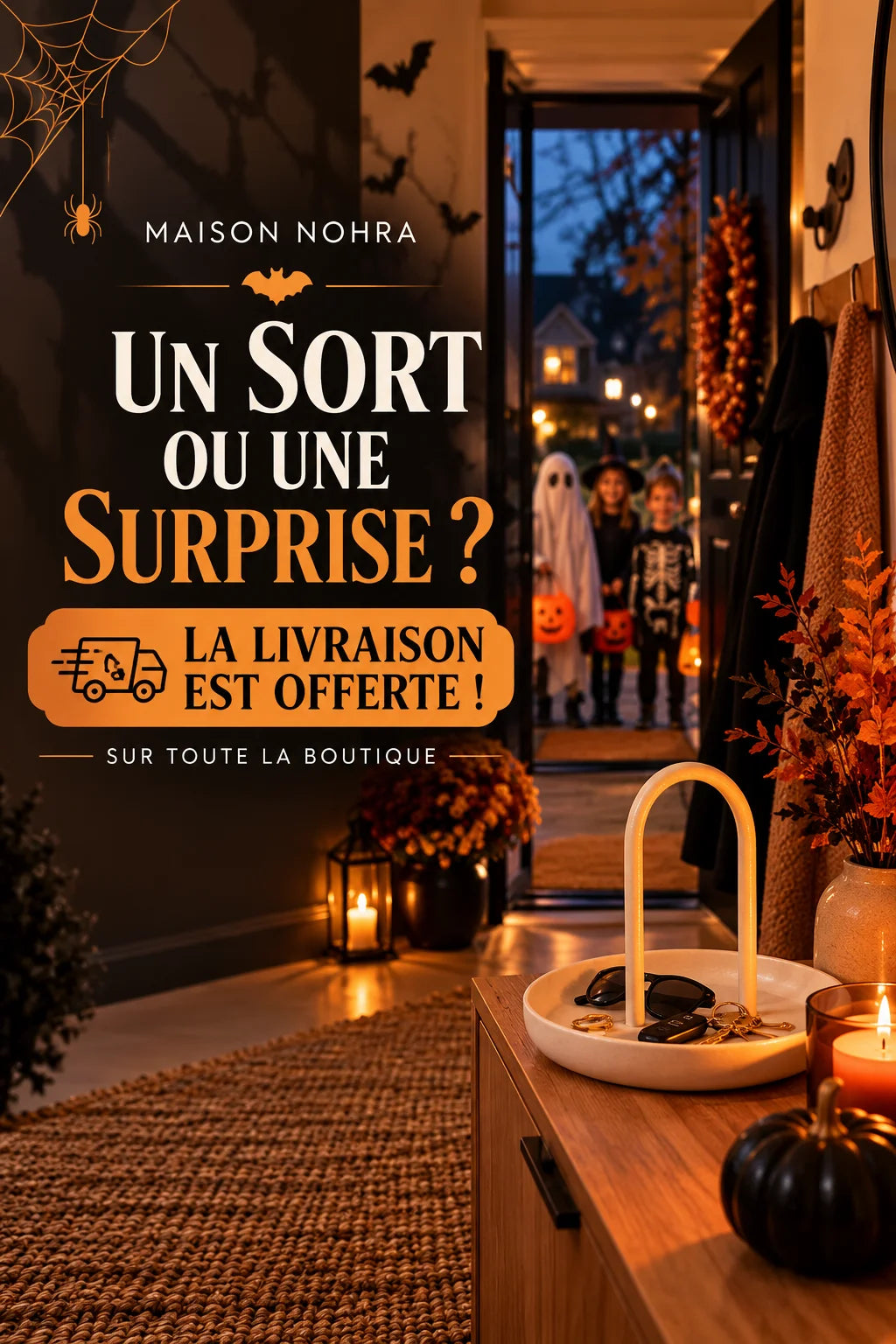 Entrée décorée pour Halloween, avec des enfants déguisés à la porte. Un sort ou une surprise ? La livraison est offerte sur toute la boutique !