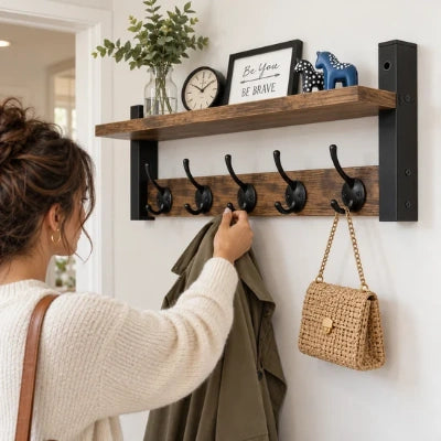 Femme accrochant un manteau vert à l’étagère porte-manteau murale Cassandra en bois brun et métal noir, avec un sac tressé suspendu et des objets décoratifs sur la tablette.