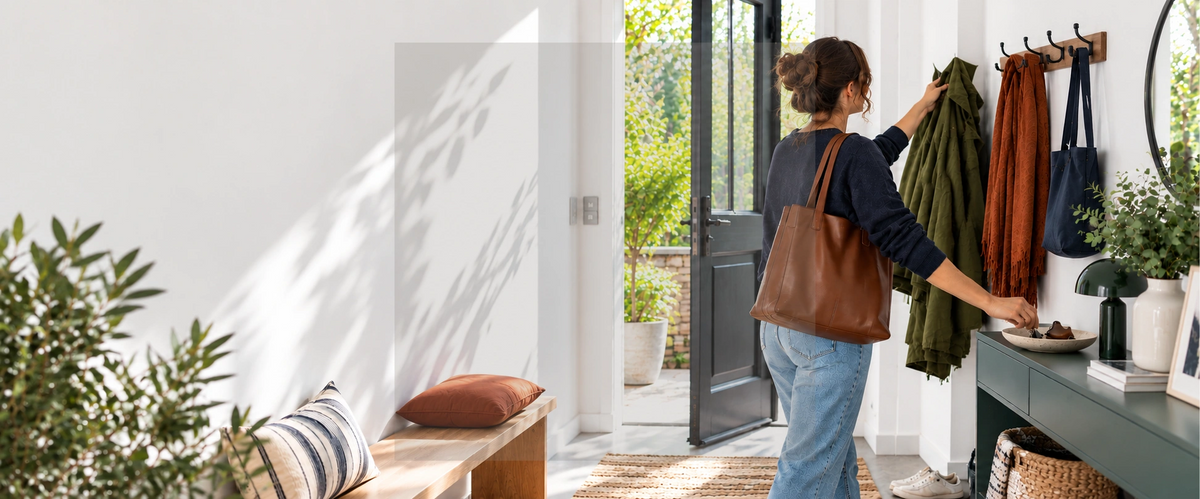 Femme accrochant une veste kaki à une patère murale près de la porte d'entrée ouverte. Décor d'entrée lumineux avec banc en bois, coussins terracotta, console et plantes vertes.
