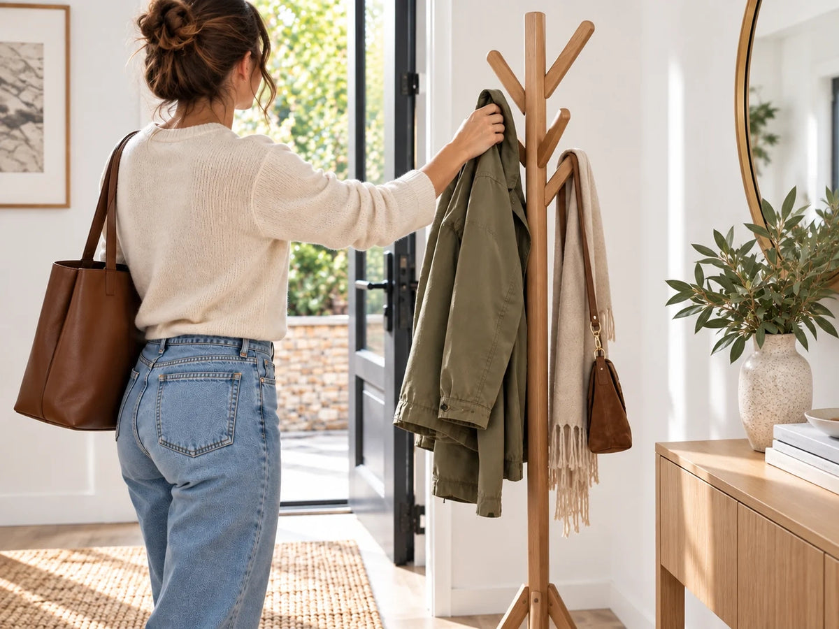 Femme déposant une veste sur un porte-manteau en bois dans une entrée lumineuse.