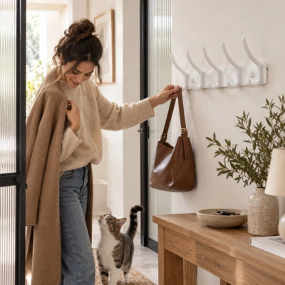 Femme accueillant son chat dans une entrée équipée d’une patère murale blanche.