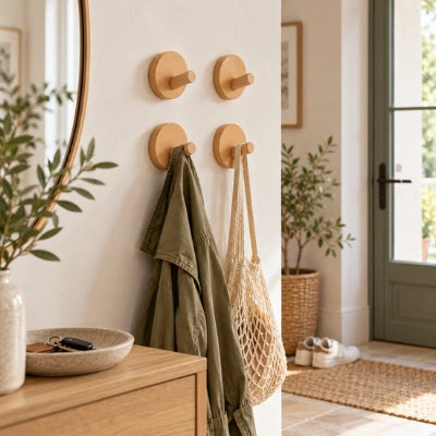 Quatre patères Marguerite en bois clair fixées au mur d’une entrée chaleureuse, avec une veste kaki et un sac filet suspendus.