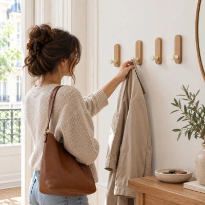 Une femme accroche sa veste beige à l’une des quatre patères en bois Kim fixées au mur de l’entrée.