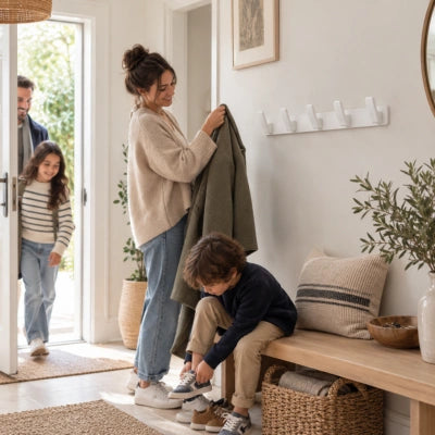 Famille entrant à la maison près d’une patère murale Camille blanche dans une entrée lumineuse.