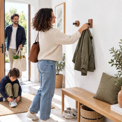 Dans une entrée, une femme accroche un manteau à une patère murale en bois pendant qu’un homme et un enfant rentrent à la maison.