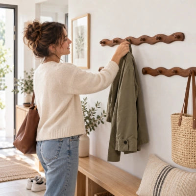 Dans une entrée, une femme accroche un manteau sur une patère murale en bois au design ondulé.