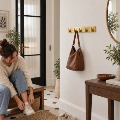 Patère murale en laiton Julie installée dans une entrée, avec un sac à main suspendu au-dessus d’une console, tandis qu’une femme met ses chaussures.