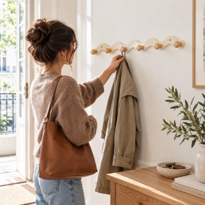 Une femme accroche son manteau beige à la patère murale Amelia, au-dessus d’un meuble d’entrée en bois.