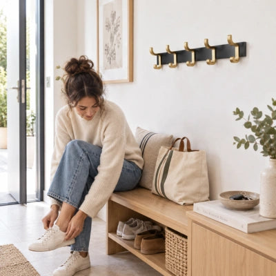 Dans une entrée, une femme assise sur un banc retire sa chaussure, avec une patère murale noire à plusieurs crochets derrière elle.