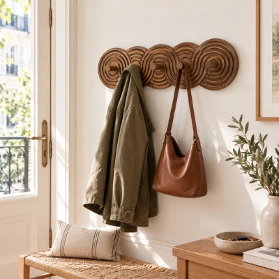 Patère murale Alison en bois sculpté, avec une veste et un sac suspendus dans une entrée lumineuse.
