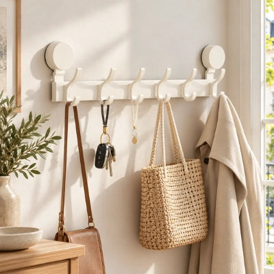 Patère de porte Annie blanche dans une entrée lumineuse, avec un sac, des clés, un panier et un manteau suspendus.