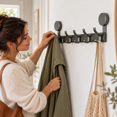 Une femme accroche un manteau kaki à la patère de porte Audrey noire, à côté d’un sac filet.