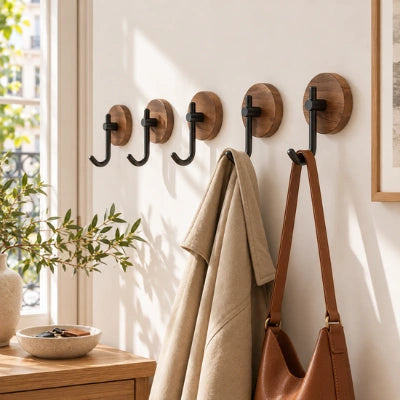 Cinq patères Sylvie en bois et métal noir fixées dans une entrée lumineuse, avec un manteau et un sac suspendus.